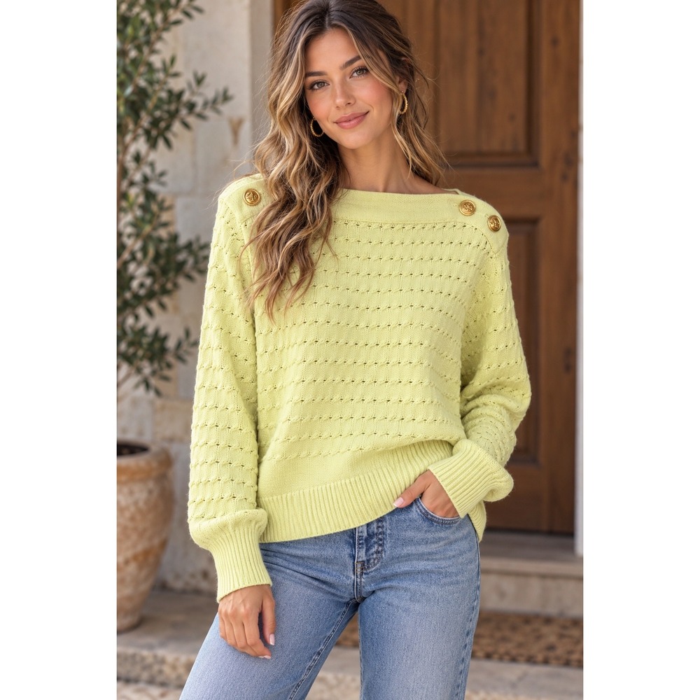 Women's Yellow Pointelle Knit Sweater Gold Button Boat Neck Nautical Preppy